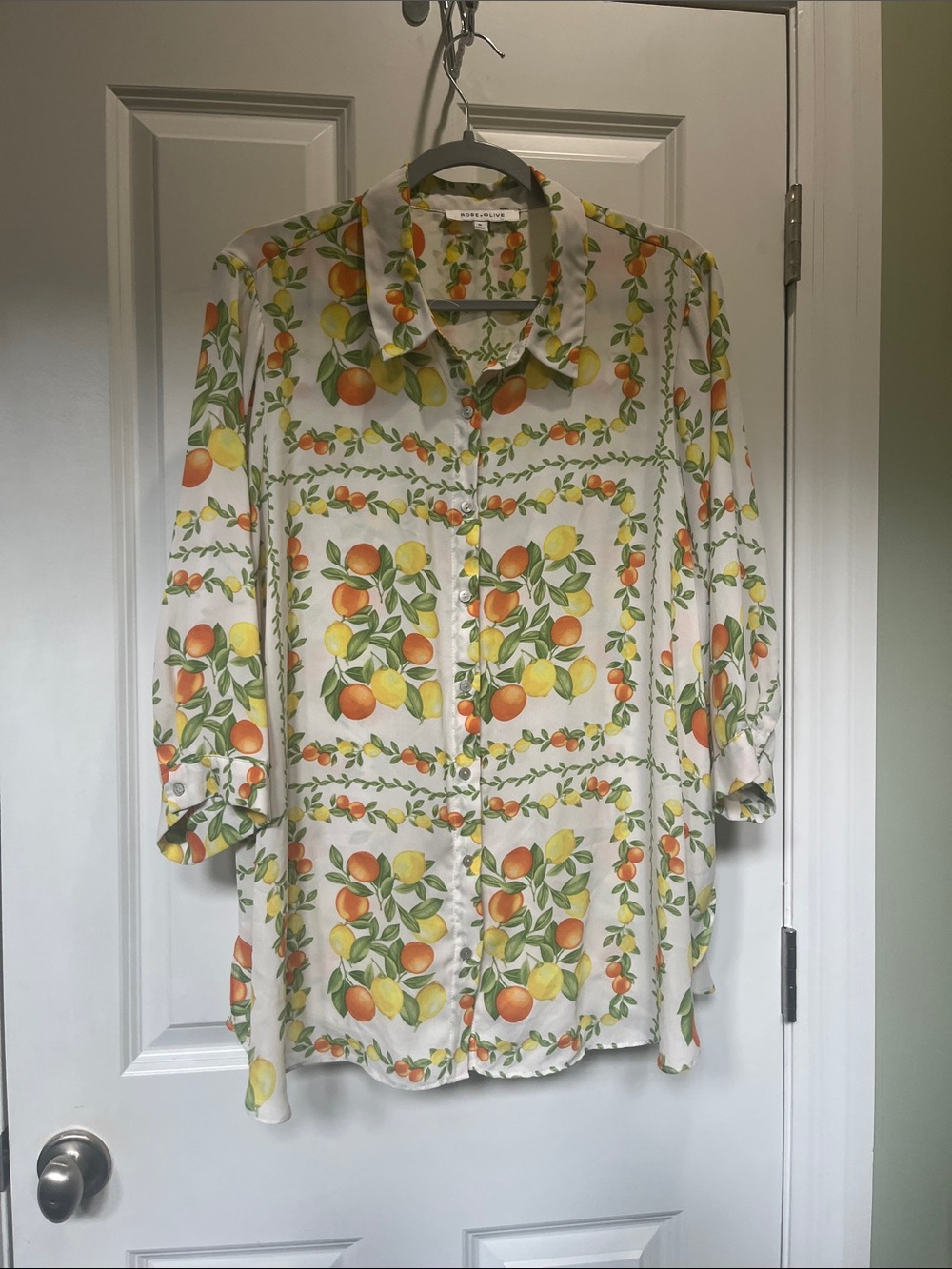 Rose & Olive White Button-Down Shirt with Orange and Yellow Citrus Print